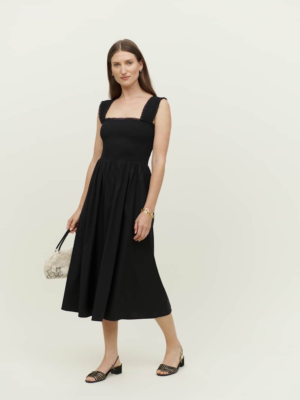 Reformation Villa Black Cotton Square-Neck Midi Dress with Smocked Bodice